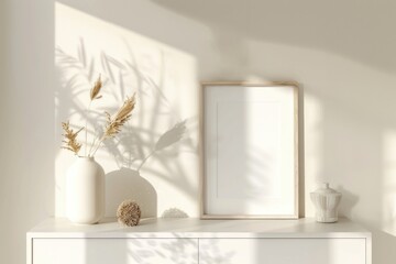 Wall Mural - A picture frame sits on top of a white dresser, providing a simple and elegant display space