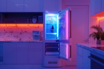 Wall Mural - A refrigerator with its door open, revealing the contents inside, suitable for use in cooking or food-related editorial content