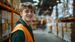 © horizon - A smiling young man in an orange safety vest and green shirt stands inside the warehouse, surrounded by large boxes of goods ready for shipping to customers all over the world.