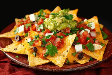 Poster - Traditional Mexican Corn nacho chips isolated on black background. Traditional Mexican Nachos chips with beef, guacamole and salsa isolated on black background with copy space. Mexican Food.