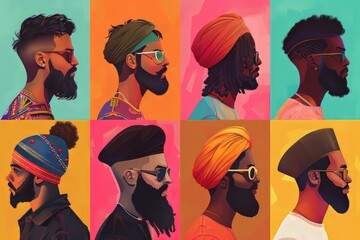 A collection of diverse men showcasing unique and stylish headwear with vibrant backgrounds.