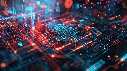Abstract digital background with cybersecurity elements like shields, locks, and encrypted data