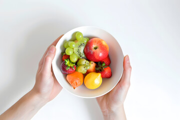 Wall Mural - Woman's hands holding white bowl with fresh fruits, isolated on white background