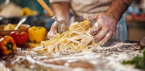 Wall Mural - Close up man's hands making homemade pasta on a black background