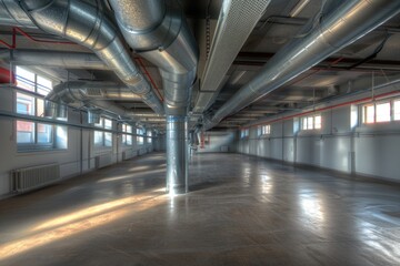 Wall Mural - A large industrial room filled with pipes and windows