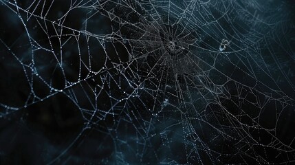 A close-up view of a spider web with water droplets glistening on the intricate threads