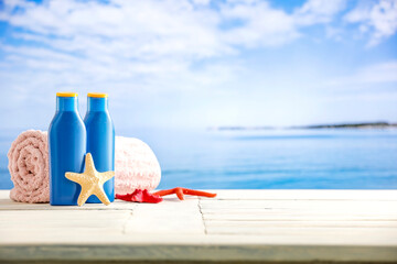 Wall Mural - white board of wood and empty space for your decoration. summer time and landscape of sea.