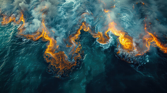 Aerial view oil spill in ocean, highlighting spread of oil impact on coastline. Industrial waste