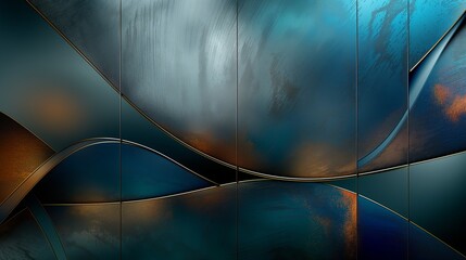 Abstract art featuring blue and gold hues with curved lines