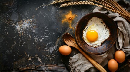 Rustic Breakfast with Fried Egg and Ingredients