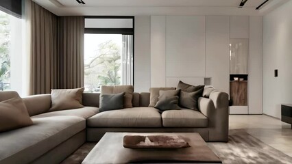 Wall Mural - A modern, minimalist living room with a large sectional sofa, a coffee table, and large windows with a view of nature.