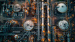 © liubovsolo - Industrial refinery with numerous chimneys bright lights night, emitting smoke during picturesque