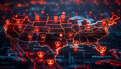 Wall Mural - Digital Guardians: Safeguarding the Nation's Data, map of the USA with guardian-like cybersecurity icons positioned over key cities, vigilance over national data assets
