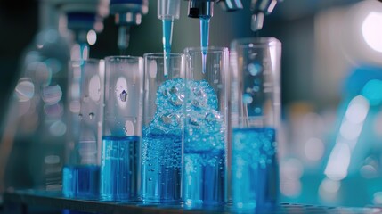 Wall Mural - focused dispensing of reagent into test tube with blue chemical in research lab