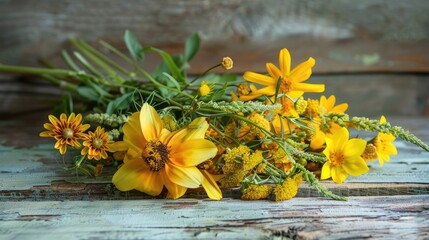 Poster - Rustic bouquet of summer meadow s yellow flowers on wooden backdrop