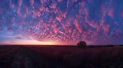 Wall Mural - beautiful sky at sunset over the plains, with pink and purple clouds in the blue sky. in front there