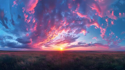 Wall Mural - beautiful sky at sunset over the plains, with pink and purple clouds in the blue sky. in front there