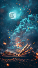 Magical image of open antique book over wooden table with glitter overlay