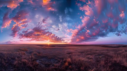 Wall Mural - beautiful sky at sunset over the plains, with pink and purple clouds in the blue sky. in front there