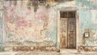 © Constantine Art - An old wooden door with a decorative iron grate sits on a crumbling wall with faded paint in Havana, Cuba