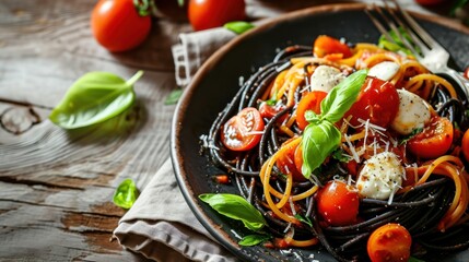 Salad with mozzarella and tomatoes. Italian Food Concept with Copy Space. Italian Caprese salad with sliced tomatoes, mozzarella cheese, basil, olive oil on light background with copy space.
