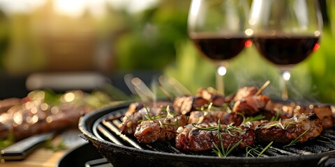 Wall Mural - Sizzling Meats and Wine at an Outdoor BBQ Party. Concept Outdoor BBQ, Sizzling Meats, Wine Pairings, Party Atmosphere, Al Fresco Dining