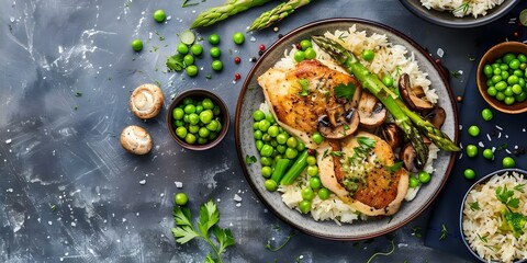 Wall Mural - Classic Chicken Fricassee Recipe with Mushrooms, Peas, Asparagus, and Rice. Concept Chicken Fricassee, Mushroom Recipes, Pea Dishes, Asparagus Meals, Rice Recipes