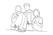 © Vectorillustrator - Simple continuous line drawing of father, mother and child eat together. Happy people eating, hangouts with food and drinks. Flat graphic vector illustrations isolated on white background