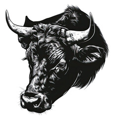 A black and white drawing of a bull 's head