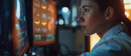 Wall Mural - focused professional intently examining data on multiple screens with a futuristic, dimly lit contro