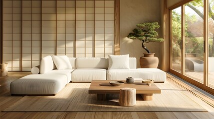 Wall Mural - Minimalist living room with Japandi elements, beige walls and wooden accents, white sofa, wood coffee table on tatami mat, plants in vases, sliding doors for natural light.
