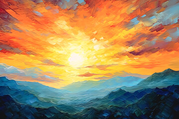 Wall Mural - A painting of a sunset with mountains in the background.