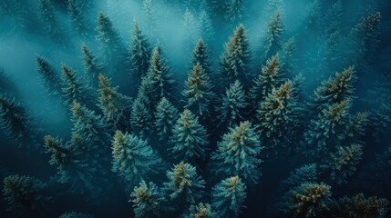 Wall Mural - Aerial View of a Misty Evergreen Forest