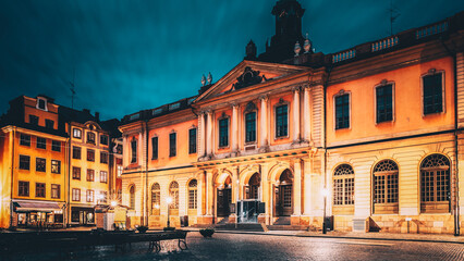 Canvas Print - Stockholm, Sweden. Famous Old Swedish Academy and Nobel Museum In Old Square Stortorget In Gamla Stan. Famous Landmarks And Popular Place