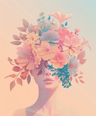 Wall Mural - Woman with flowers in her hair in beautiful pastel pink and blue background symbolizing beauty and fashion