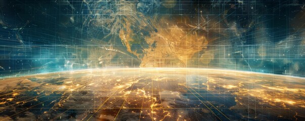 Wall Mural - map of modern technology connection on earth, panorama banner. generative ai.