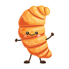 A croissant cartoon character with arms and legs on white background