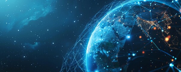 Wall Mural - map of modern technology connection on earth, panorama banner. generative ai.