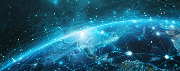 Wall Mural - map of modern technology connection on earth, panorama banner. generative ai.