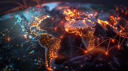 Wall Mural - a global map with pulsating beams of light representing major data arteries, converging on cloud hub