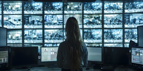 Wall Mural - Woman monitors digital screens in a high-tech surveillance control center. Concept Surveillance Monitoring, Control Center Technology, Security Systems, Digital Screens, Workplace Environment