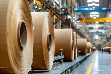 Big brown paper rolls in modern factory