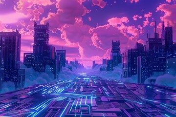 Wall Mural - a vast, abstract circuit board landscape, pulses of energy flowing along pathways, with imposing fir
