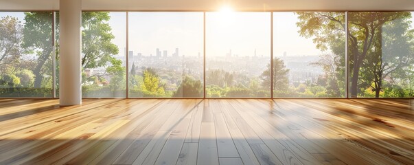 Poster - Bright daylight fills a modern empty room with a wooden floor and panoramic windows