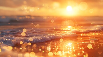 Sticker - Soft-focus backdrop of golden sunset over the serene beach, featuring gentle bokeh lights and delicate sun flares. summer evenings by the sea, ideal for vacation-themed content.