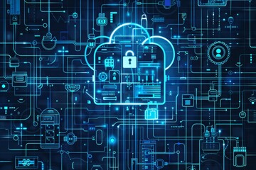 Wall Mural - security-focused cloud blueprint, emphasizing firewalls, encryption modules, access control gates, d