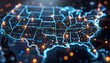 © mh.desing - Cyber Shield: Defending National Data Integrity, the USA map with a large cyber shield overlay, cities with encrypted data symbols, national data integrity protection.