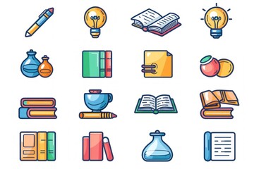 Wall Mural - A collection of 2D icons for educational apps and websites. The set includes symbols for books, classes, and exams, all designed with simplicity and clarity. These icons are ideal for educational