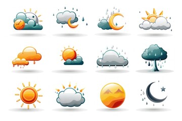 a collection of 2d icons for weather applications and websites. the set includes symbols for sunny, 