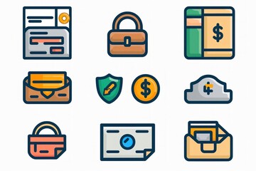 Wall Mural - A set of 2D icons for financial applications and websites. This collection includes symbols for transactions, wallets, and bank accounts, all designed with simplicity and clarity. These icons are